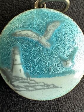 Vintage Round Seagull & Lighthouse Enamel Pendant in Light Blue